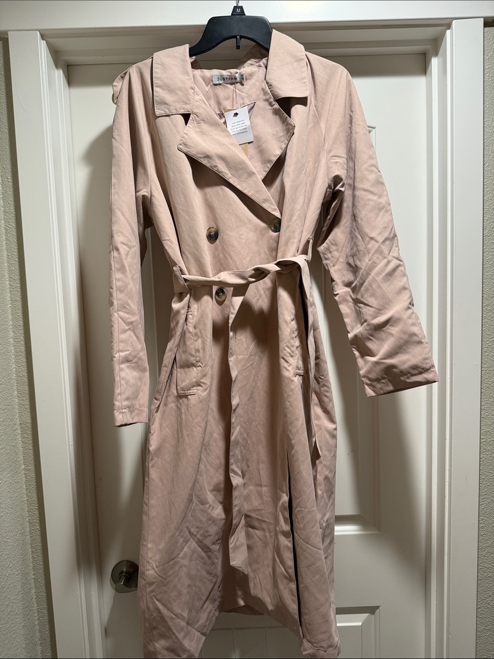 JustFab Khaki Double-Breasted Trench with Self-Tie Belt